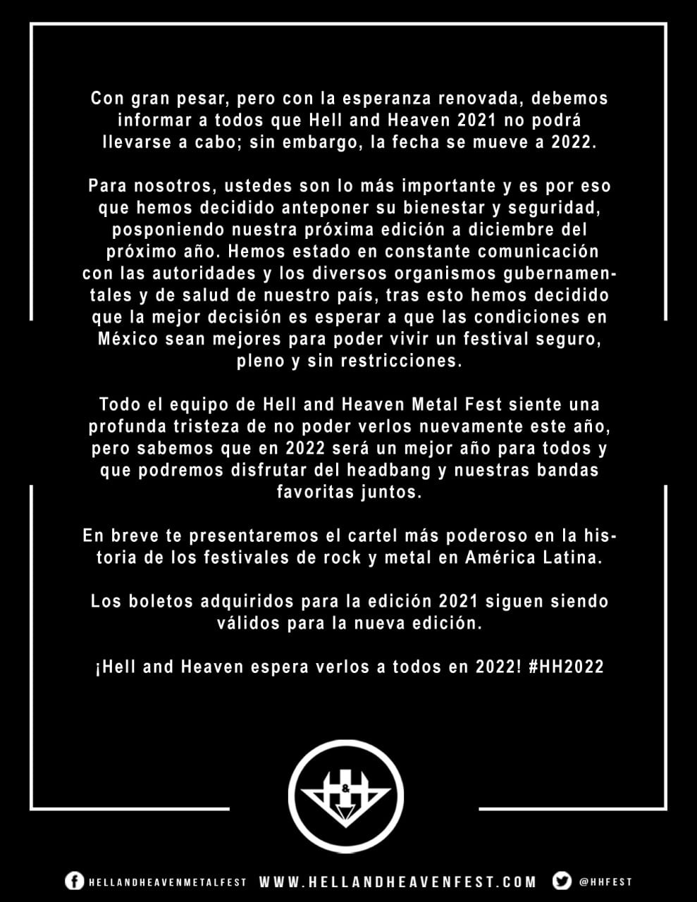 Comunicado del Hell and Heaven Metal Fest.