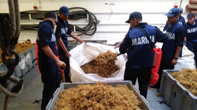 Marinos retirando sargazo de playas. Ilegal su venta.