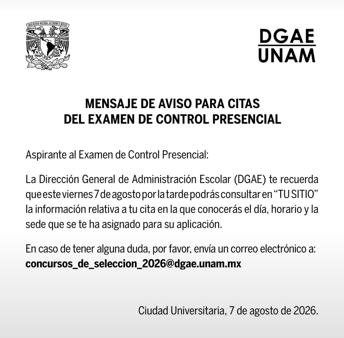 Comunicado de la UNAM sobre el examen de control.