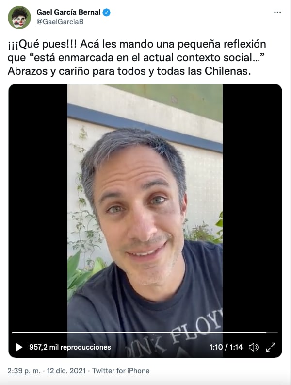 Gael García pide votar por Gabriel Boric de Chile/@GaelGarciaB