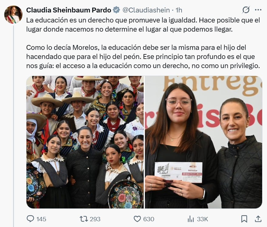 Claudia Sheinbaum defiende la educación como un derecho de igualdad y no un privilegio