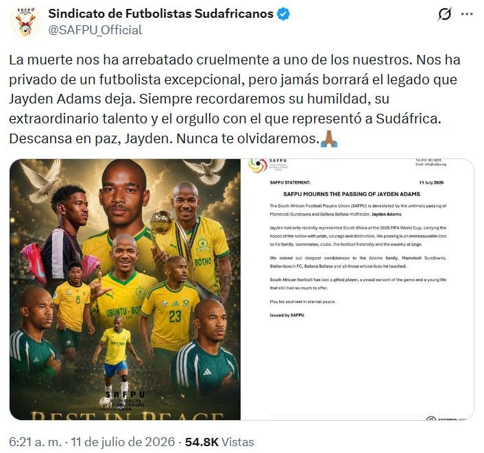 ¿De qué murió Jayden Adams? Futbolista sudafricano que jugó contra México en Mundial 2026