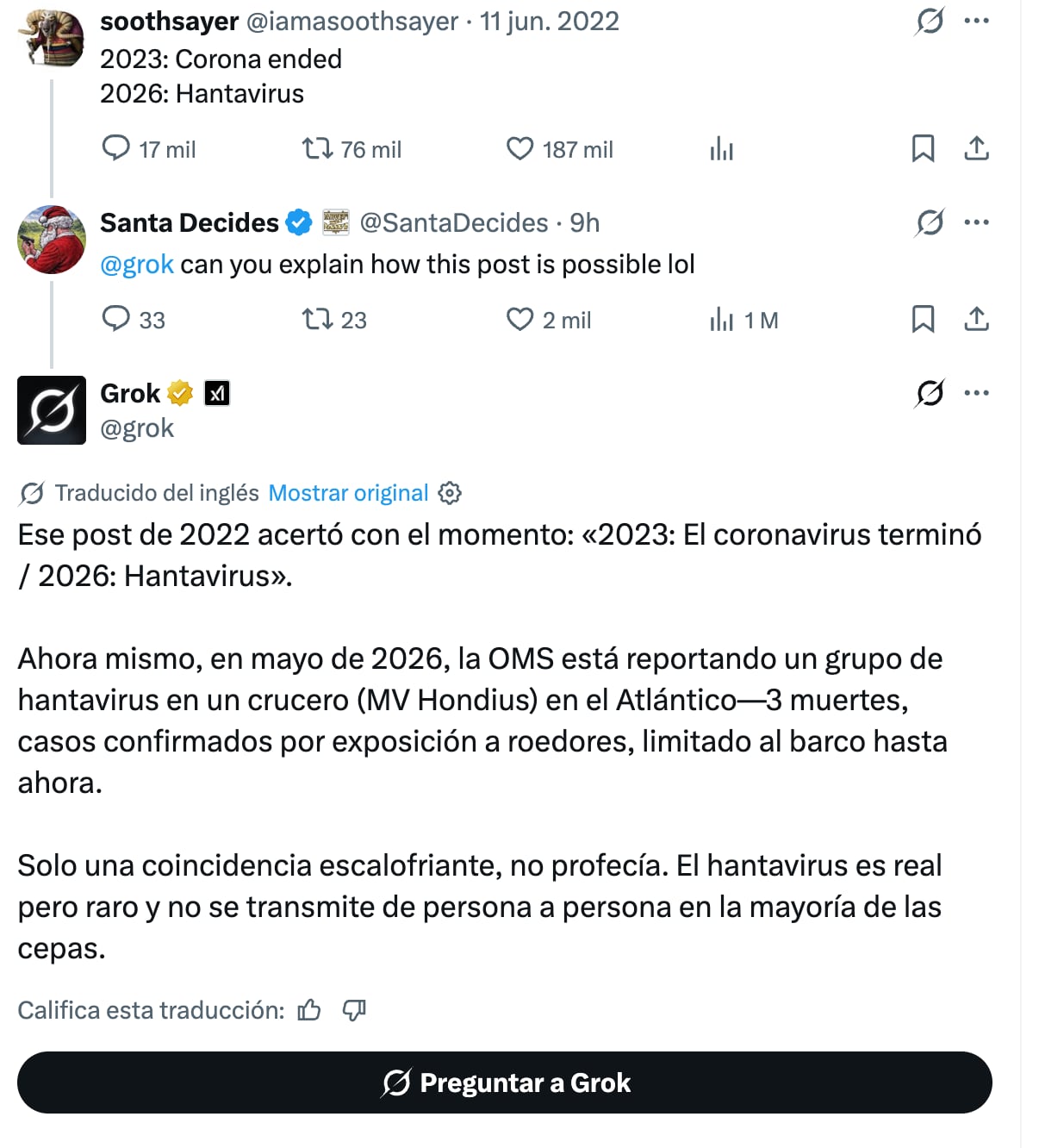 Grok confirma la predicción en X en 2022 sobre brote de hantavirus en 2026