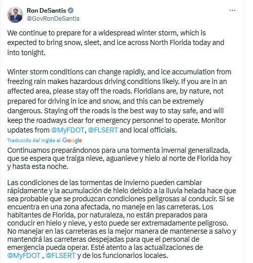 Gobierno de Florida advierte por tormenta invernal y caída de nieve