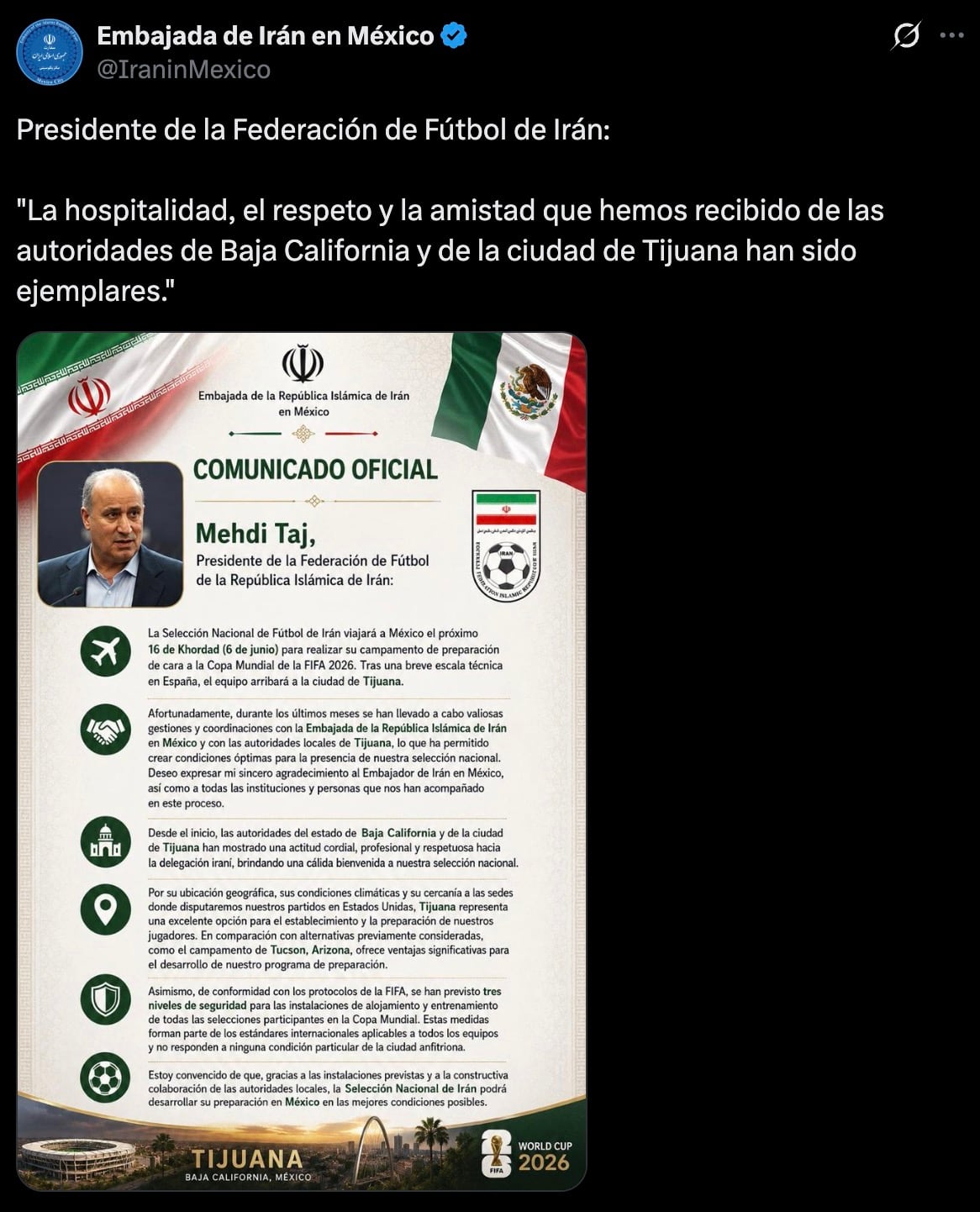 Ya hay fecha: Selección de Irán se instalará en Tijuana para el Mundial 2026.