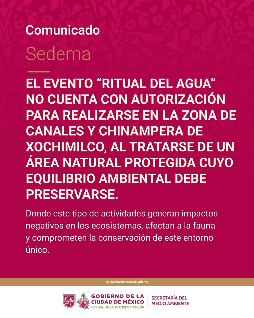 Sedema frena Ritual del Agua en zona protegida de Xochimilco