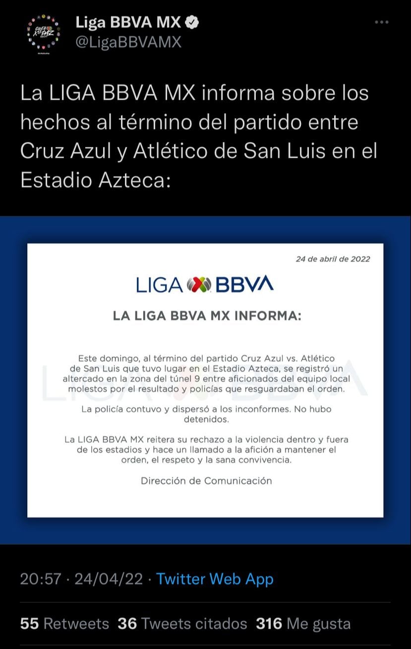 Comunicado de la Liga MX hablando sobre la pelea entre aficionados de Cruz Azul y autoridades en el Estadio Azteca.