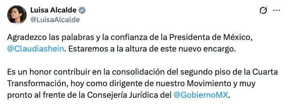 Luisa Alcalde extiende agradecimiento a Claudia Sheinbaum