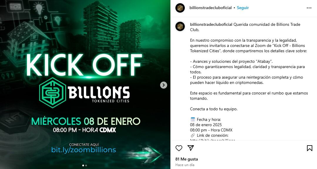Comunicado de Billions Trade Club.