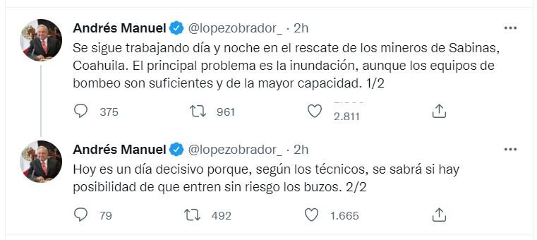 Tuits de AMLO sobre rescate de mineros en Coahuila