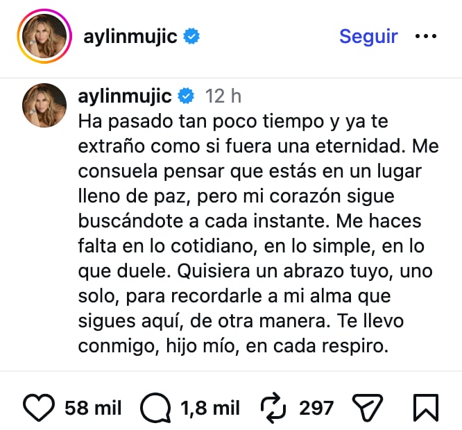 Aylín Mujica dedica emotivo mensaje a su hijo Mauro Menéndez
