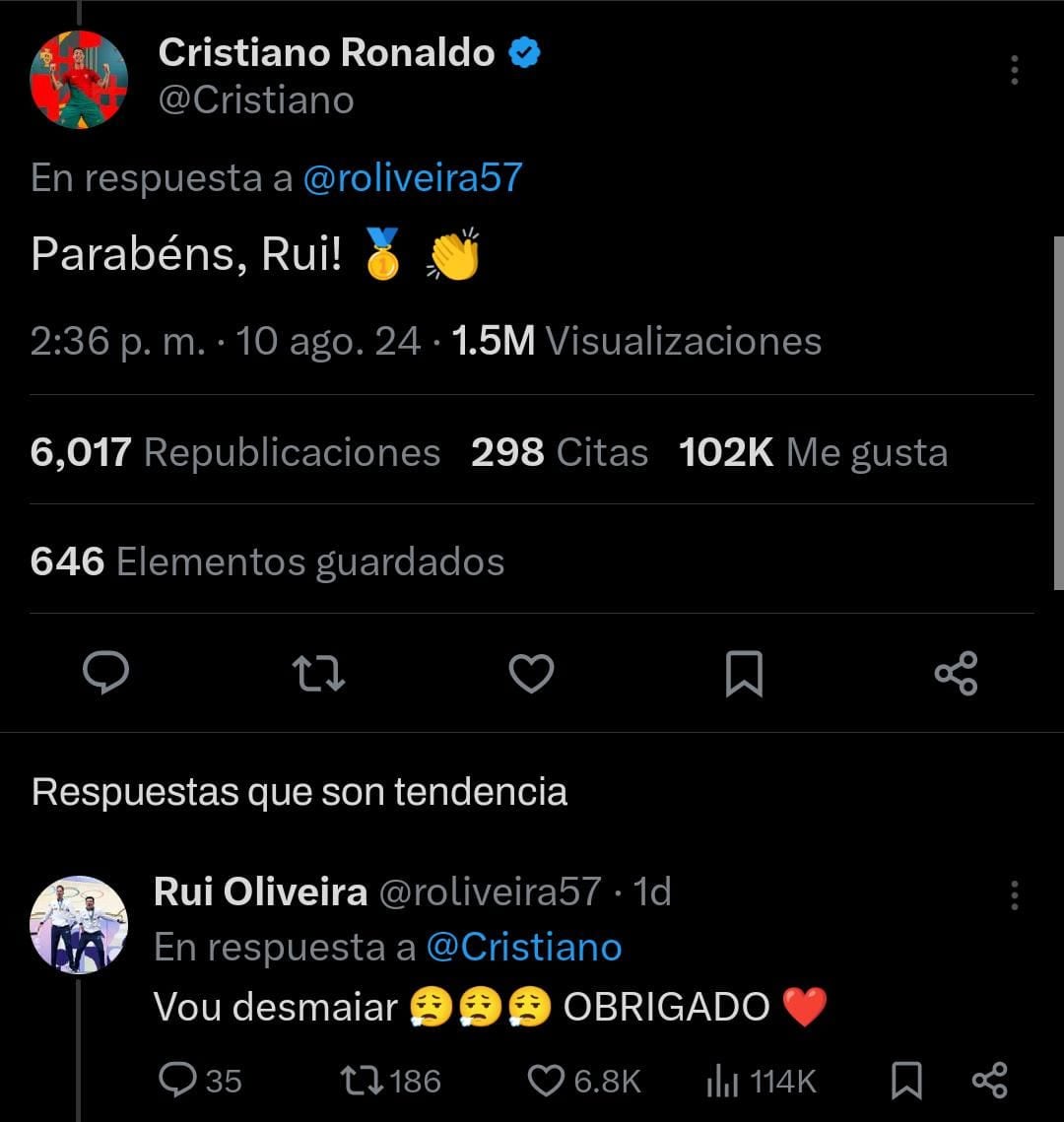 Cristiano Ronaldo le responde Rui Oliveira medallista en París 2024.
