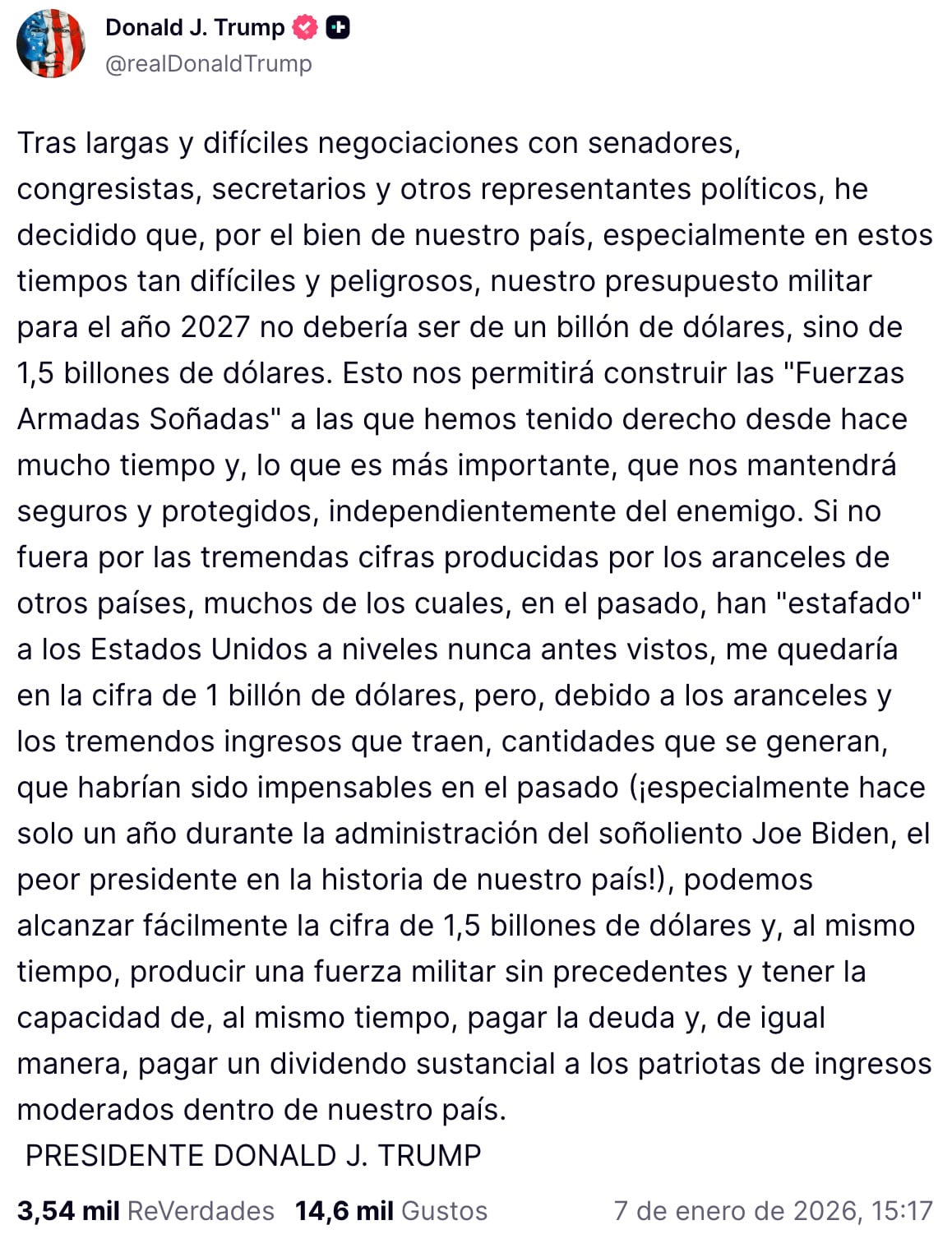 Donald Trump plantea un aumento de 50% al presupuesto militar de Estados Unidos