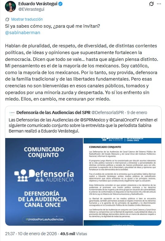 Verástegui estalla tras cancelación de entrevista en Canal Once