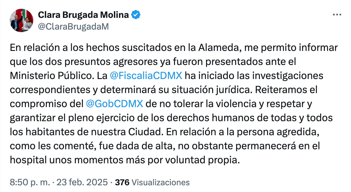 Clara Brugada informa que funcionarios de CDMX que golpearon a mujer ya fueron detenidos