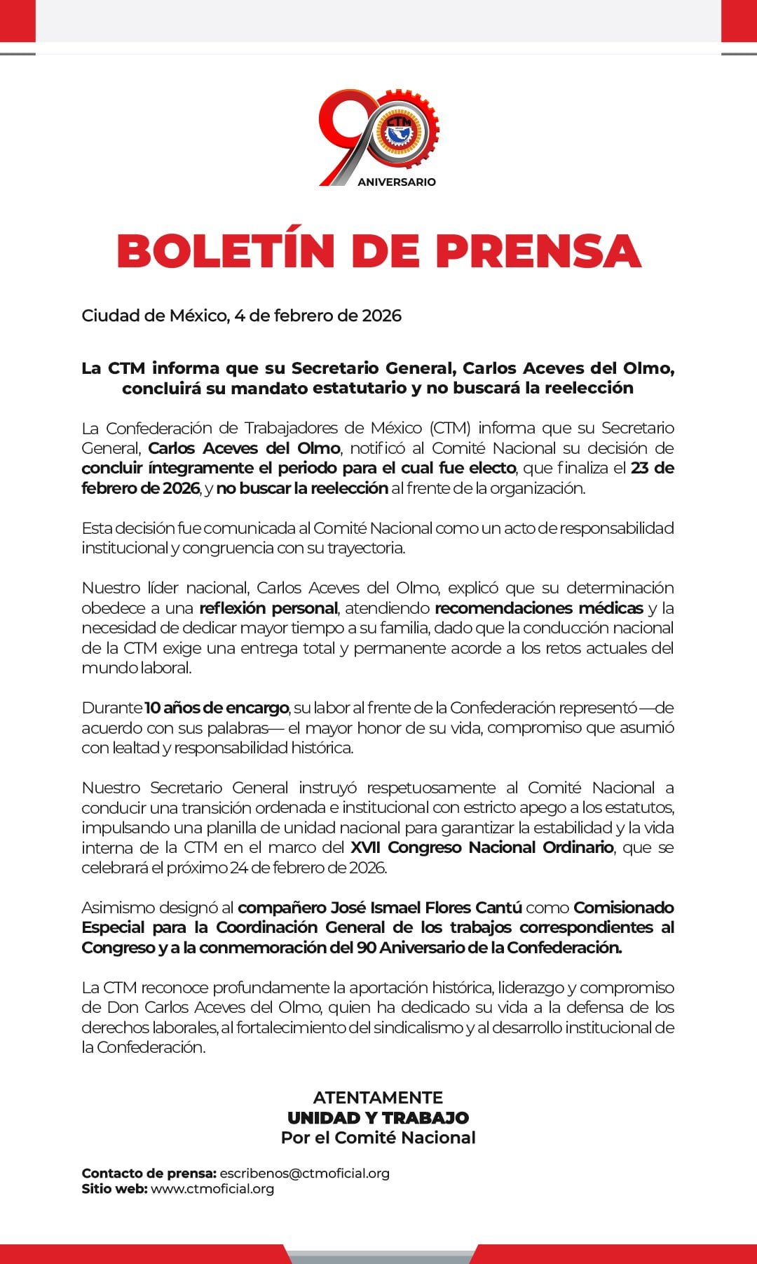 Carlos Aceves del Olmo deja la secretaría general del CTM