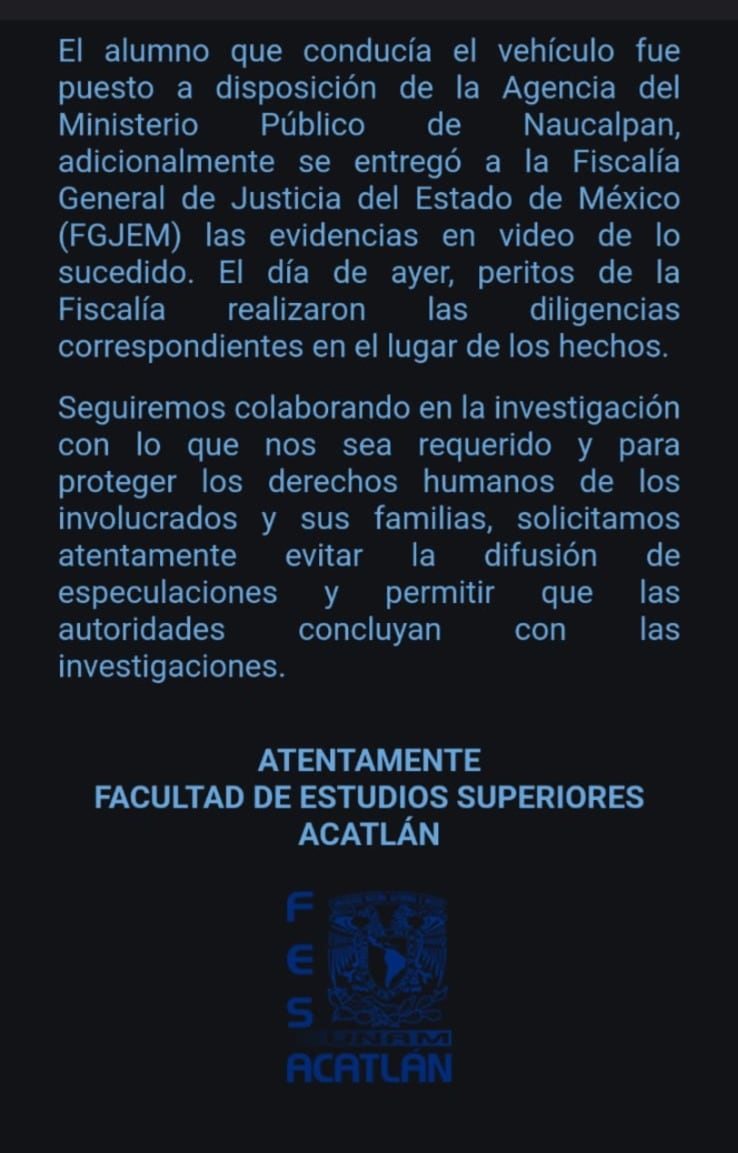 FES Acatlán UNAM: Alumno en coma tras ser atropellado por otro estudiante al interior del plantel; exigen justicia