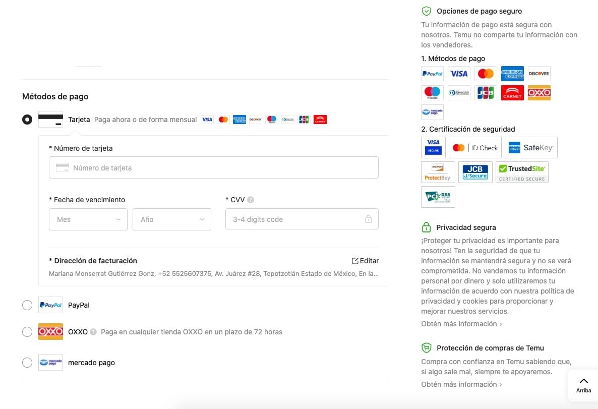 Temu tiene varios métodos de pago, además de los puntos