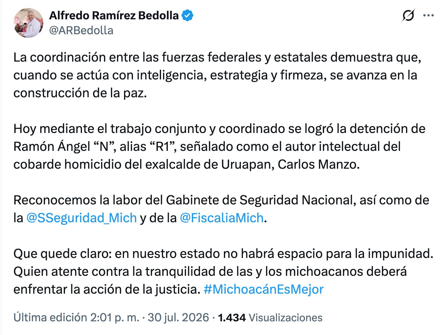 Ramírez Bedolla destaca captura de "R1" como mensaje contra la impunidad en Michoacán
