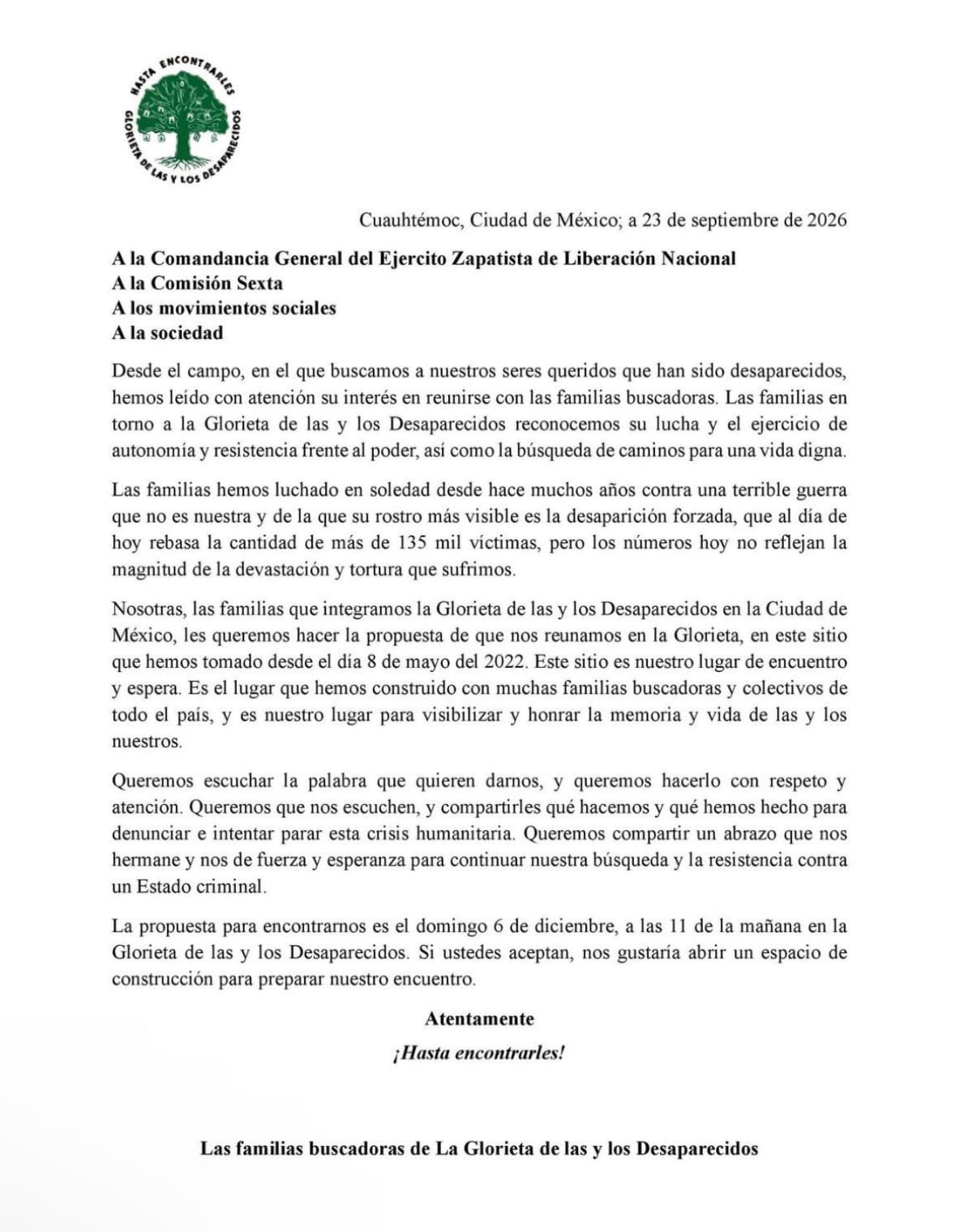 Carta de familias buscadoras de Chiapas dirigida al EZLN