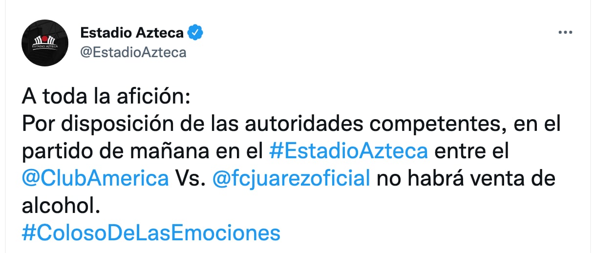 Estadio Azteca no venderá alcohol en el partido del Club América