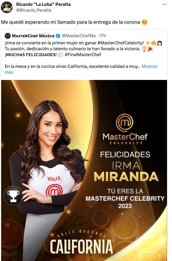 Ricardo Peralta hace berrinche por no recibir invitación a la final MasterChef Celebrity 2023