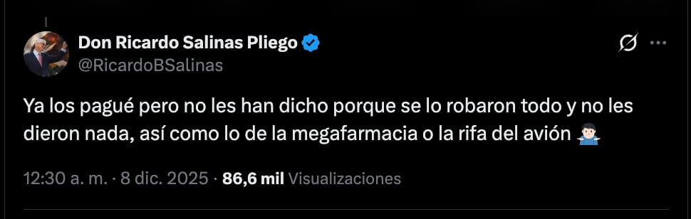 Salinas Pliego sostiene que ya cumplió con el pago de impuestos al SAT