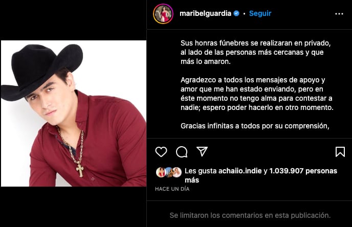 Fragmento del comunicado de Maribel Guardia sobre la muerte de si hijo, Julián Figueroa