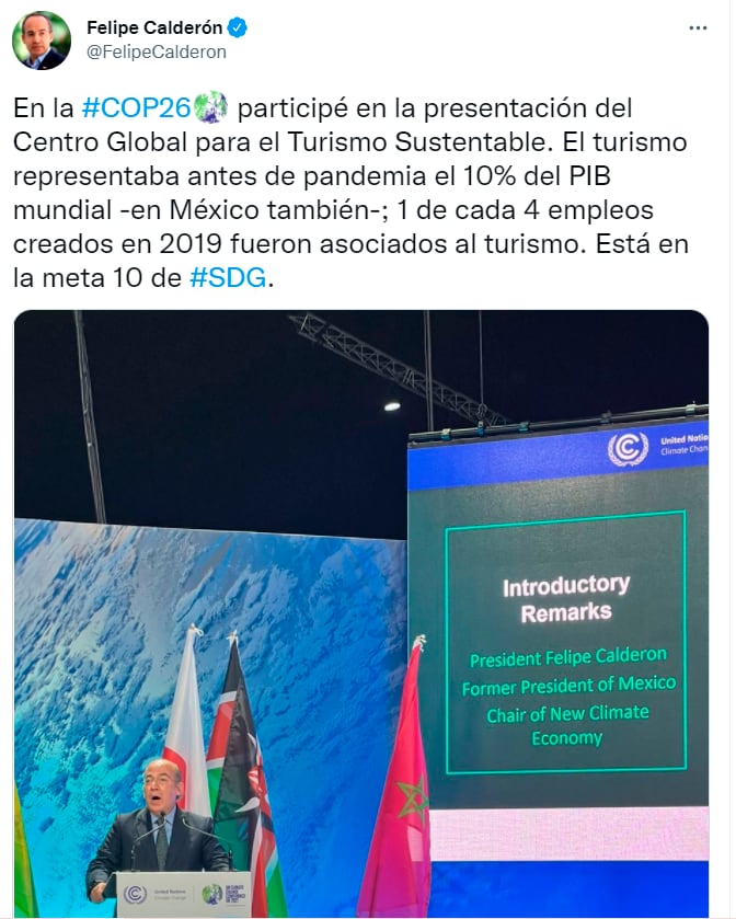 Tuit de Felipe Calderón en su participación en la COP26