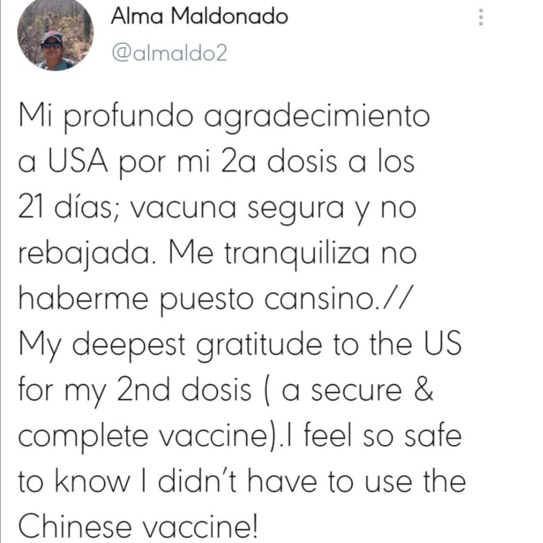 Twitter; Profesora de la UNAM agradece a E.U. por su vacuna.
