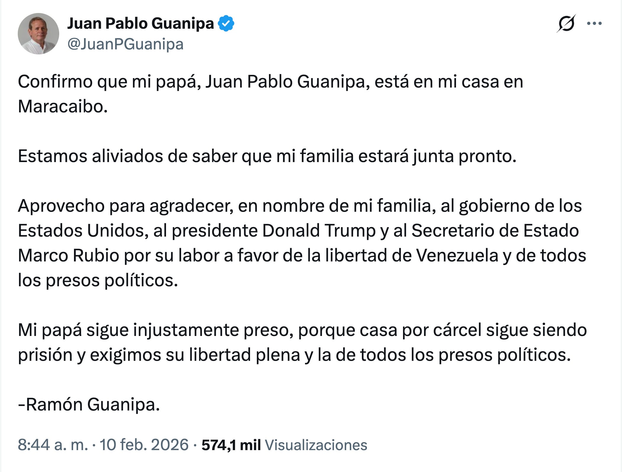 Juan Pablo Guanipa ya fue excarcelado; se encuentra en su casa