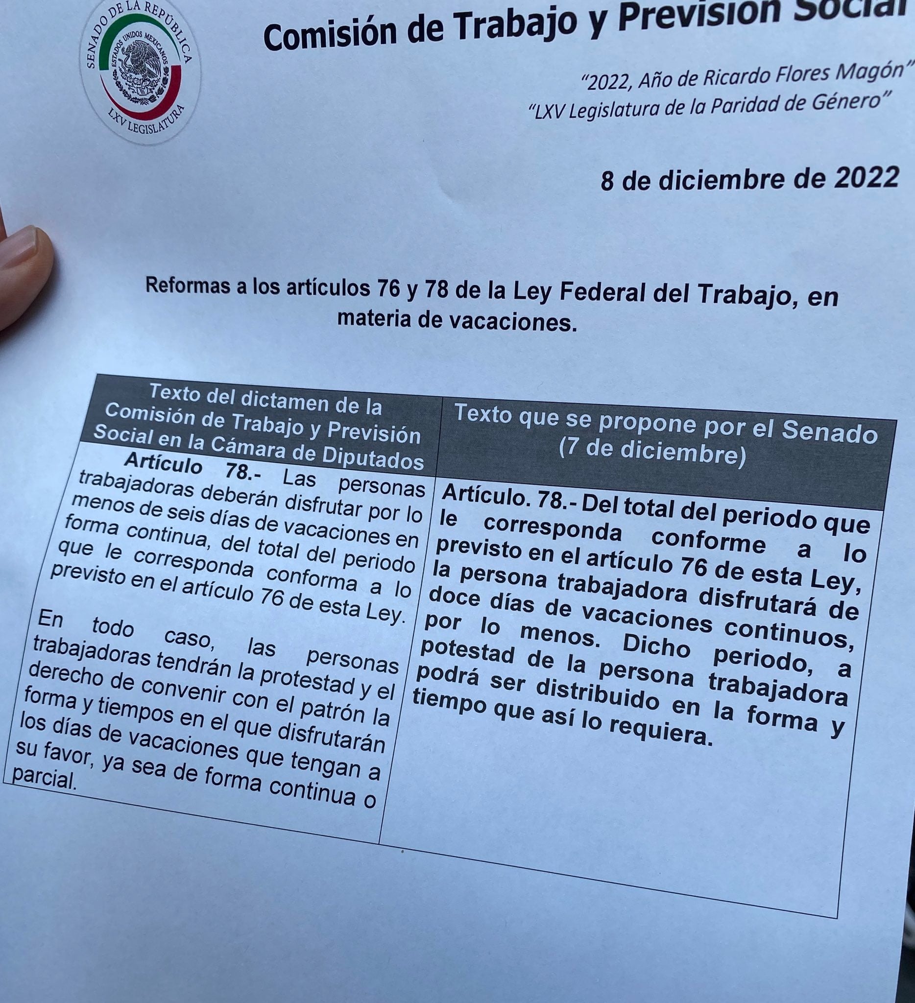 Propuesta de senadores para revertir cambios en dictamen de vacaciones dignas