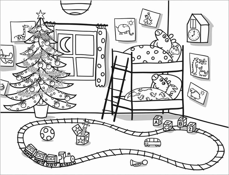 6 dibujos de Peppa Pig poniendo el árbol de Navidad para imprimir y colorear