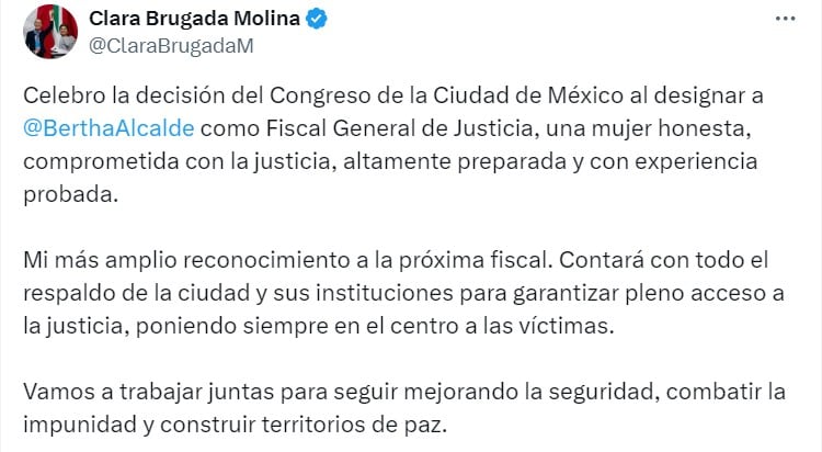 Clara Brugada sobre designación de Bertha Alcalde Luján