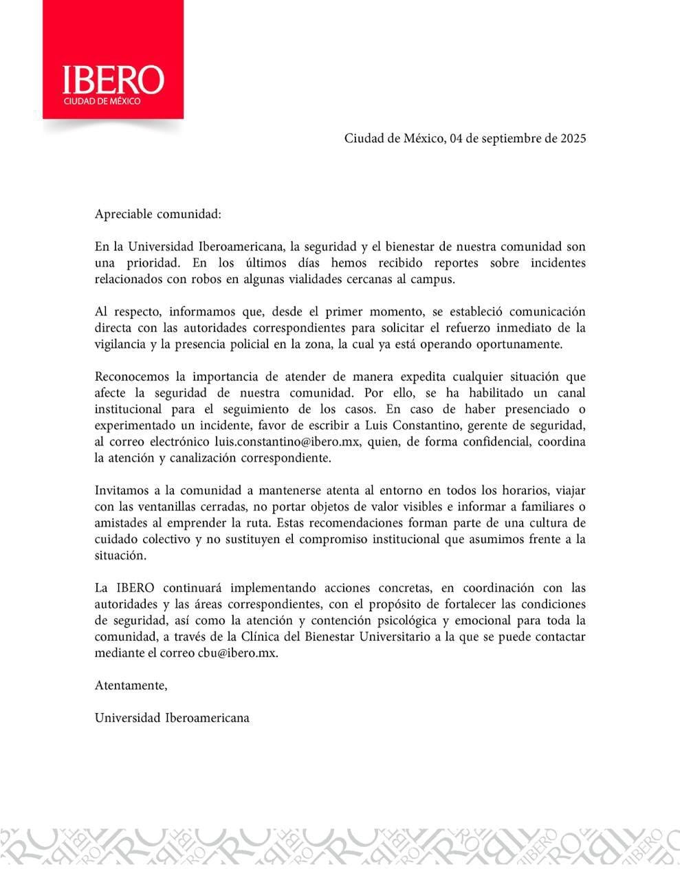 Comunicado de la Universidad Iberoamericana en CDMX por asaltos