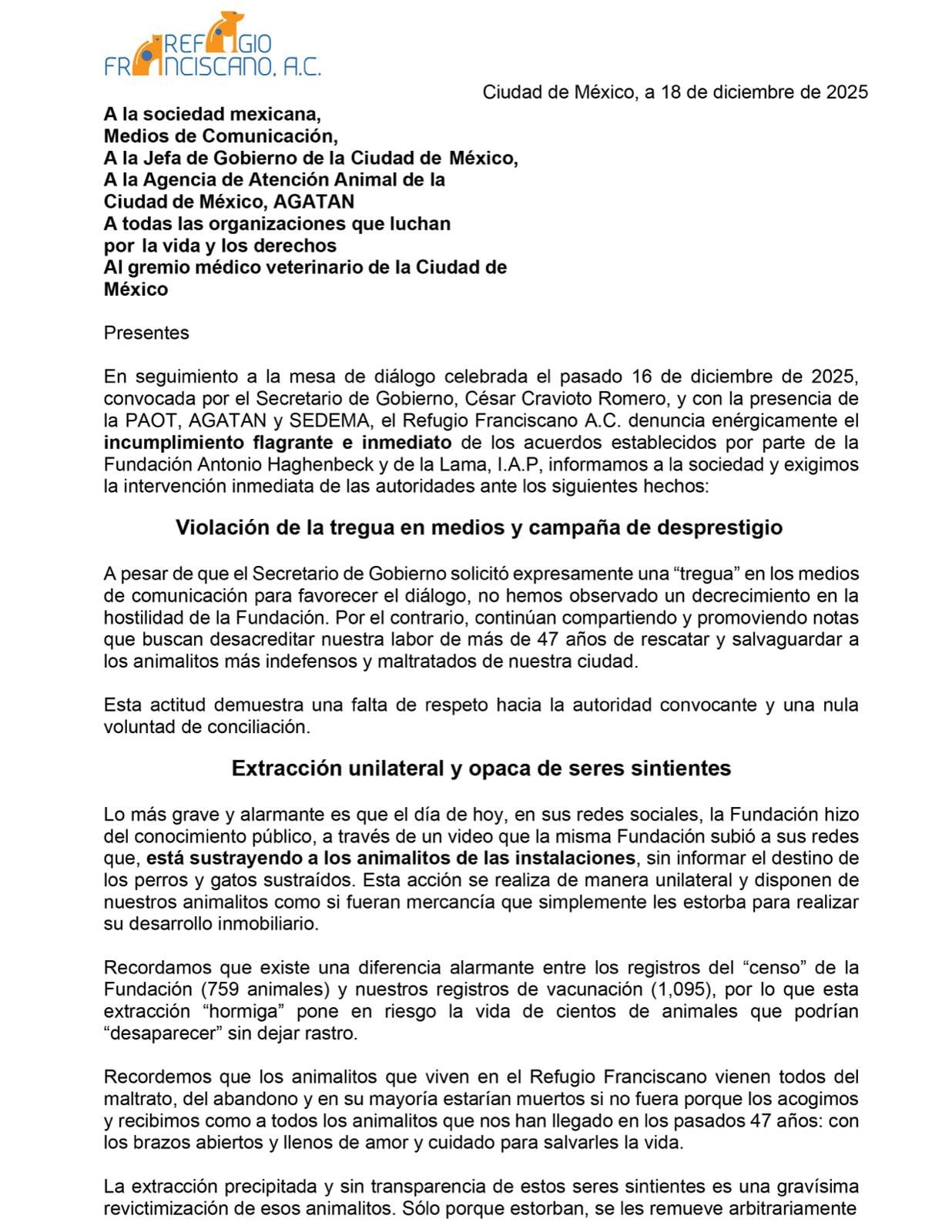 Refugio Franciscano pide al Gobierno de la CDMX frenar el retiro de animales rescatados