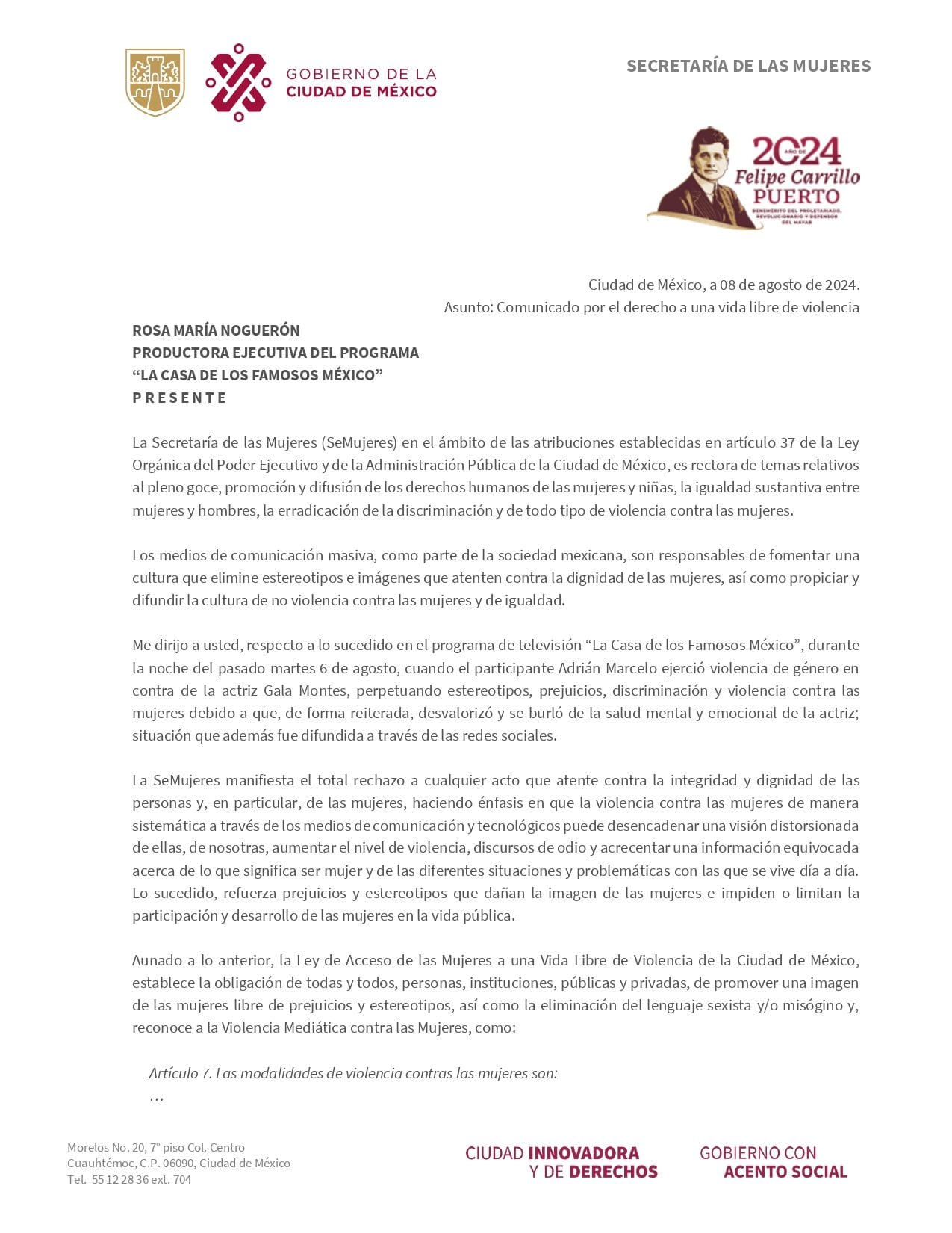 Carta del gobierno de la CDMX a la producción de La Casa de los Famosos México 2024