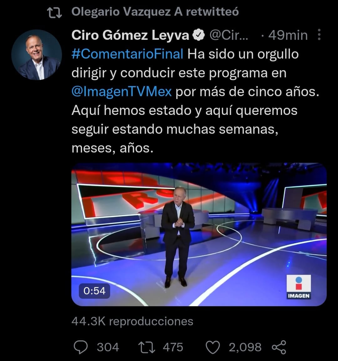 Olegario Vázquez Aldir retuiteó el mensaje de Ciro Gómez Leyva