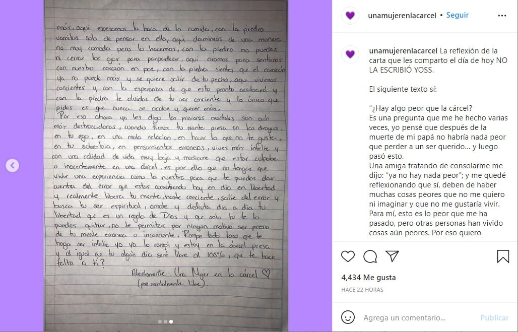 YosStop comparte la primera carta de una reclusa