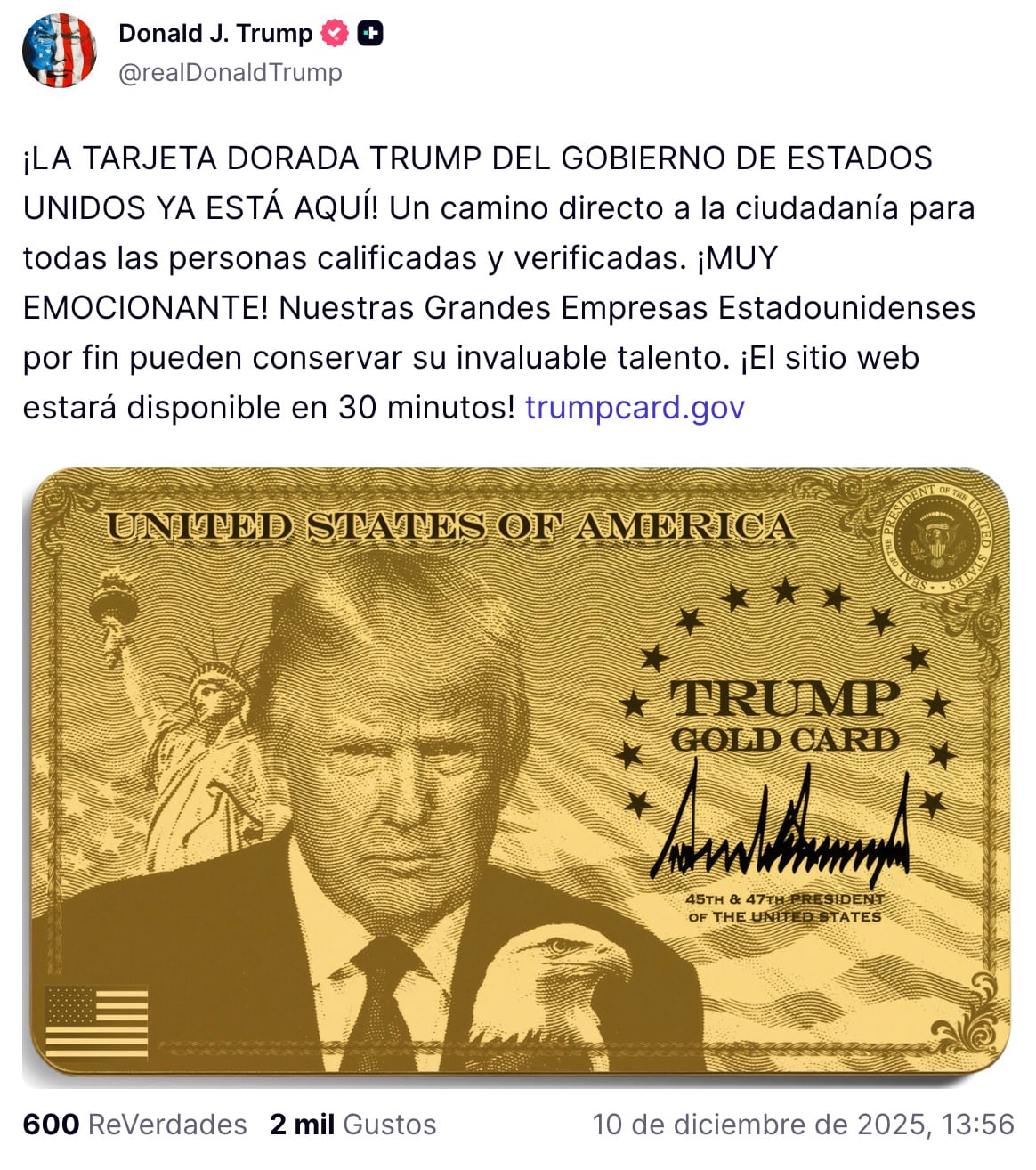 Detalles de la Tarjeta Dorada de Donald Trump