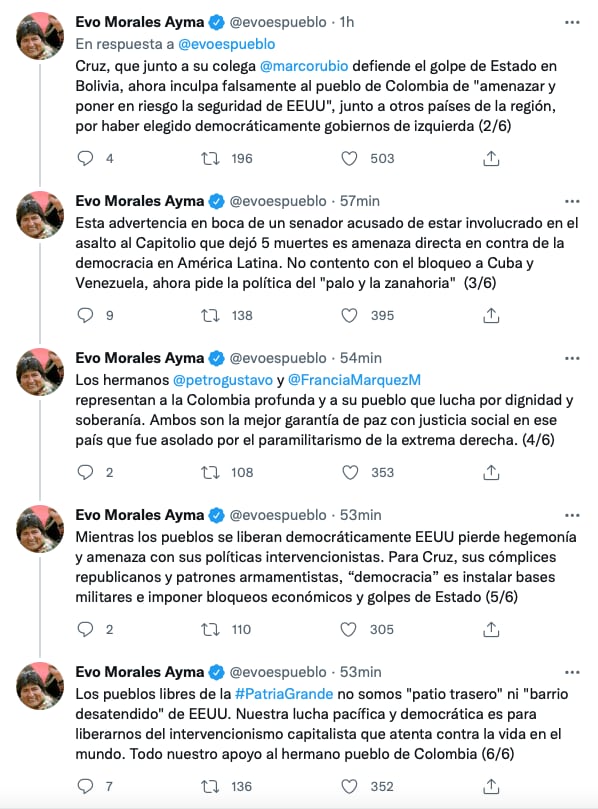Evo Morales advierte que Estados Unidos quiere desestabilizar Colombia/@evoespueblo