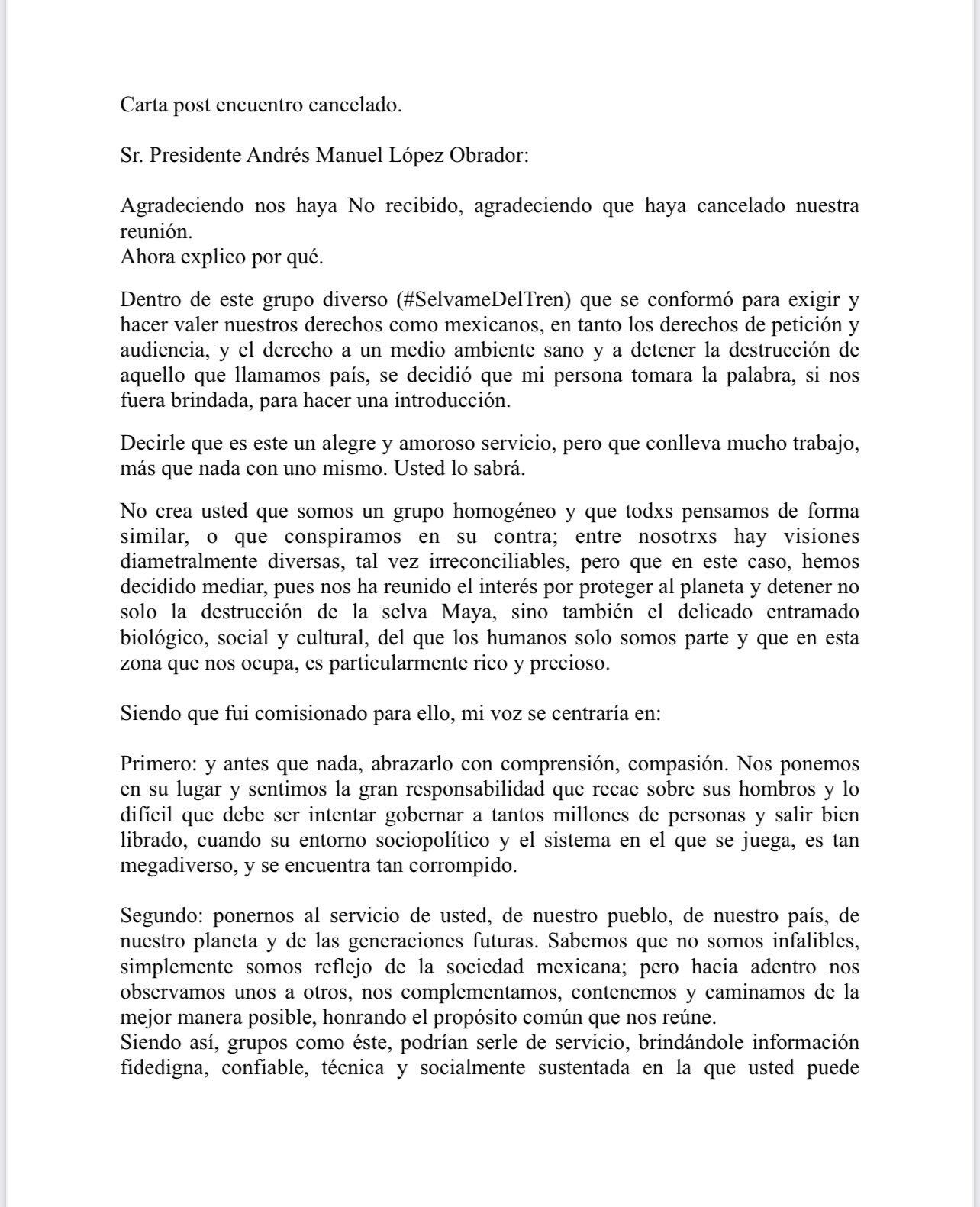 Carta abierta de Rubén Albarrán a AMLO por cancelación del diálogo del Tren Maya