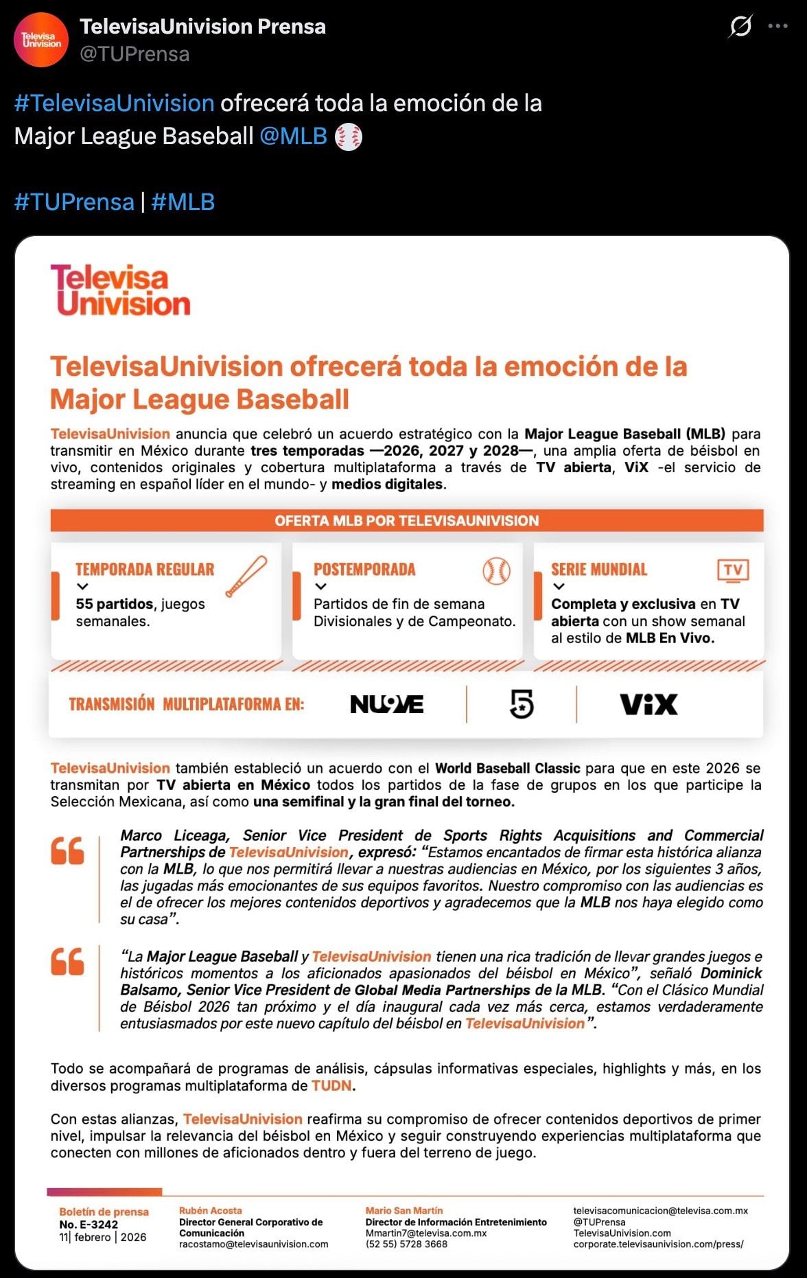 Televisa transmitirá la MLB 2026: regresan las Grandes Ligas.