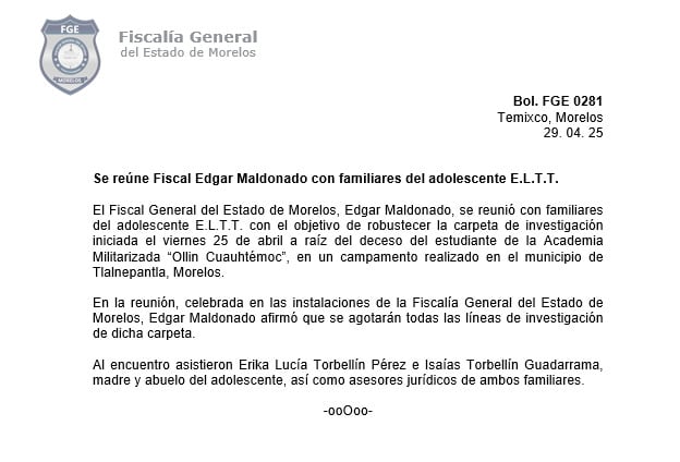 Academia Militarizada Ollin Cuauhtémoc: Fiscal de Morelos se reúne con papás de Erick, niño que murió