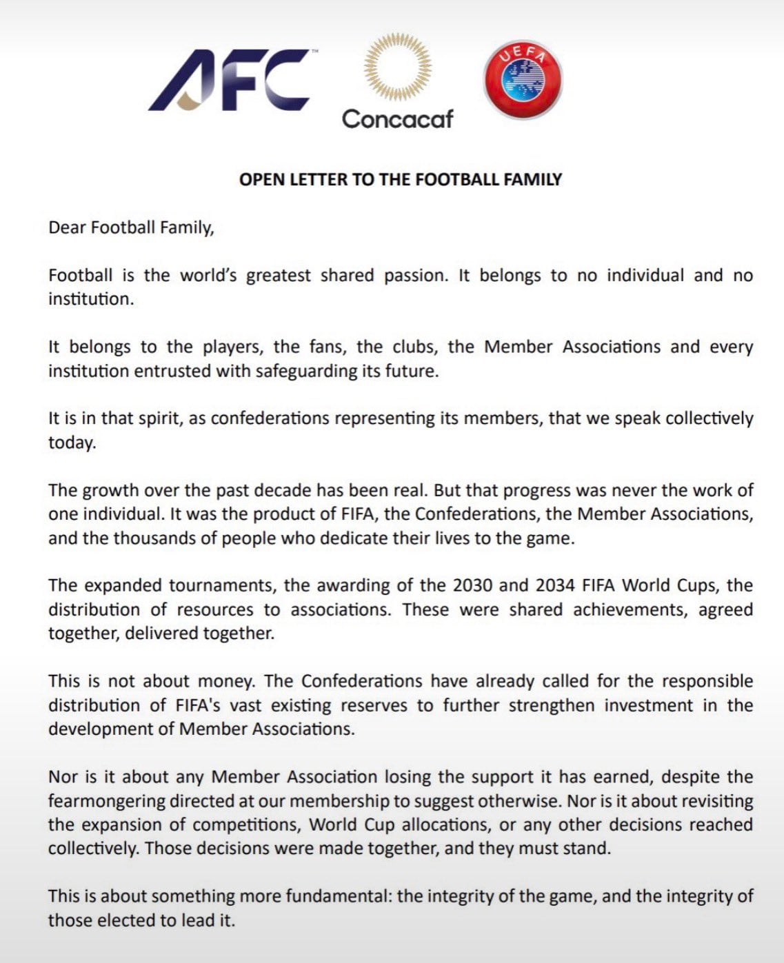 UEFA, AFC y CONCACAF piden transparencia a FIFA