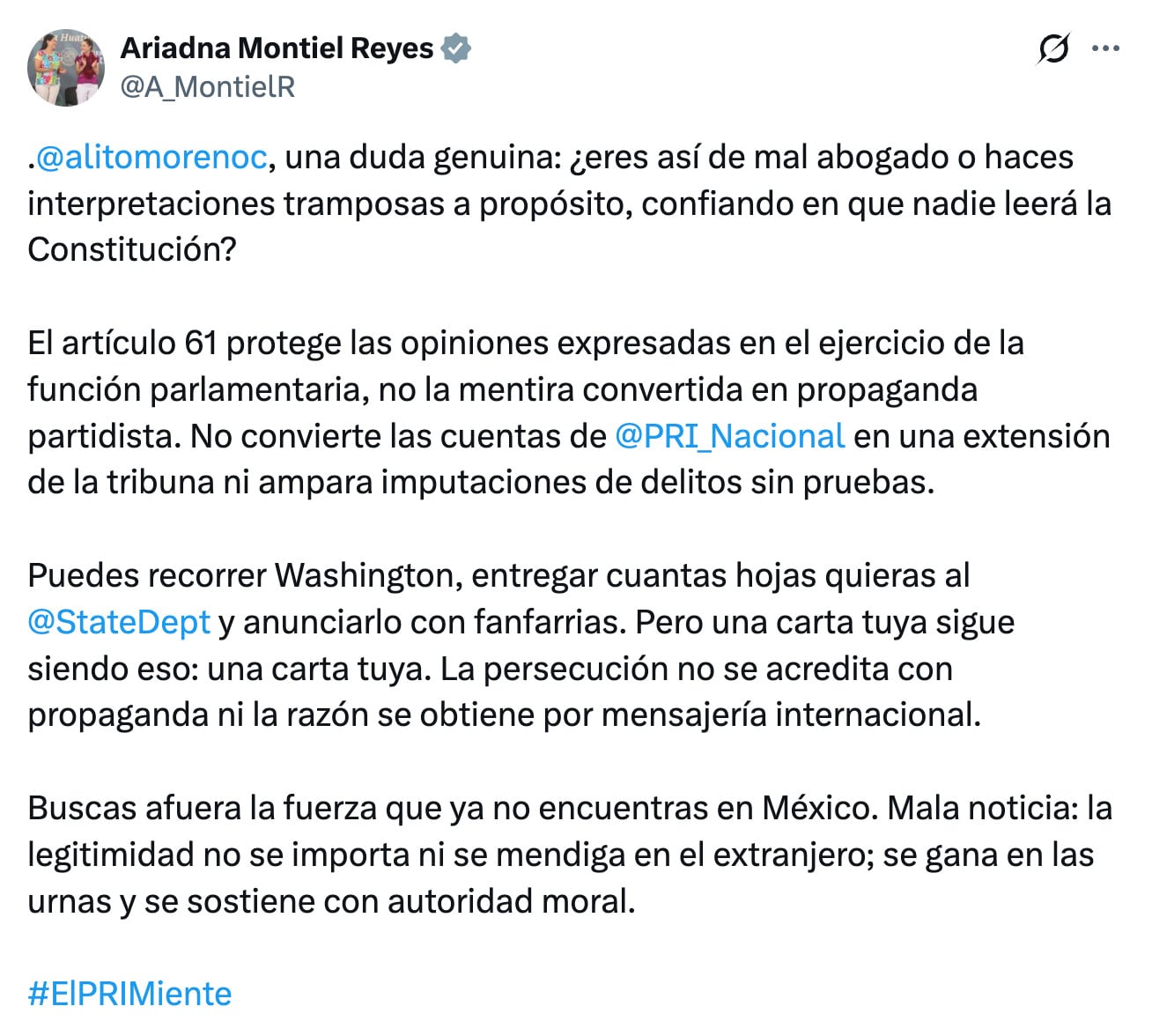 Ariadna Montiel responde a Alejandro Moreno tras acusar persecución política