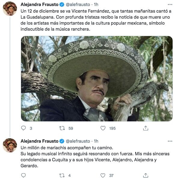 Tuit de condolencias por muerte de Vicente Fernández