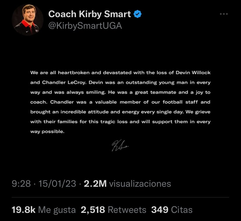 El coach Kirby Smart ofreció unas palabras tras la muerte de Devin Willock y Chandler LeCroy.