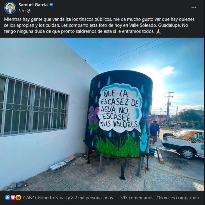 Samuel García pide a la población no vandalizar los tinacos públicos de agua y cuidarlos (captura de pantalla de Facebook)