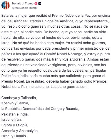 Trump reclama Nobel de la Paz y llama desconocida a Navi Pillay